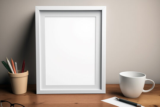 Empty blank picture frame mockup with a coffee cup. Generative ai interior concept