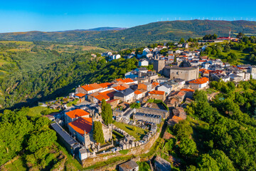 Aerial view of Castro Caldelas overlooking Ribeira Sacra valley in Spain