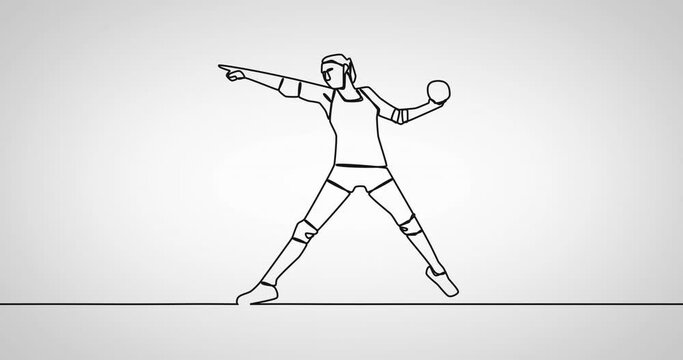 Animation of drawing of female handball player with ball on white background