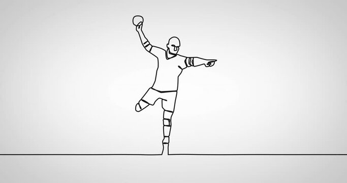 Animation of drawing of male handball player with ball on white background