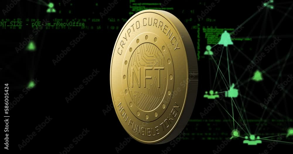 Poster animation of nrft coins spinning, network of icons and data processing
