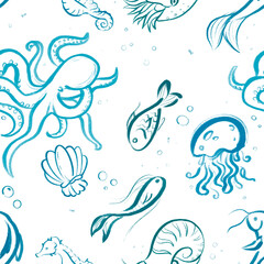 Fototapeta na wymiar Seamless pattern with octopus and fishes in hand-drawn style. Pretty marine inhabitants png pattern