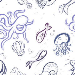 Seamless pattern with octopus and fishes in hand-drawn style. Pretty marine inhabitants png pattern