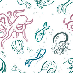 Seamless pattern with octopus and fishes in hand-drawn style. Pretty marine inhabitants png pattern