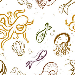 Seamless pattern with octopus and fishes in hand-drawn style. Pretty marine inhabitants png pattern