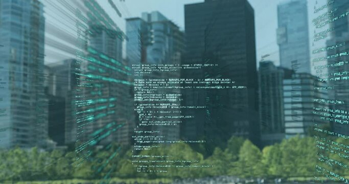 Animation of financial data processing over cityscape