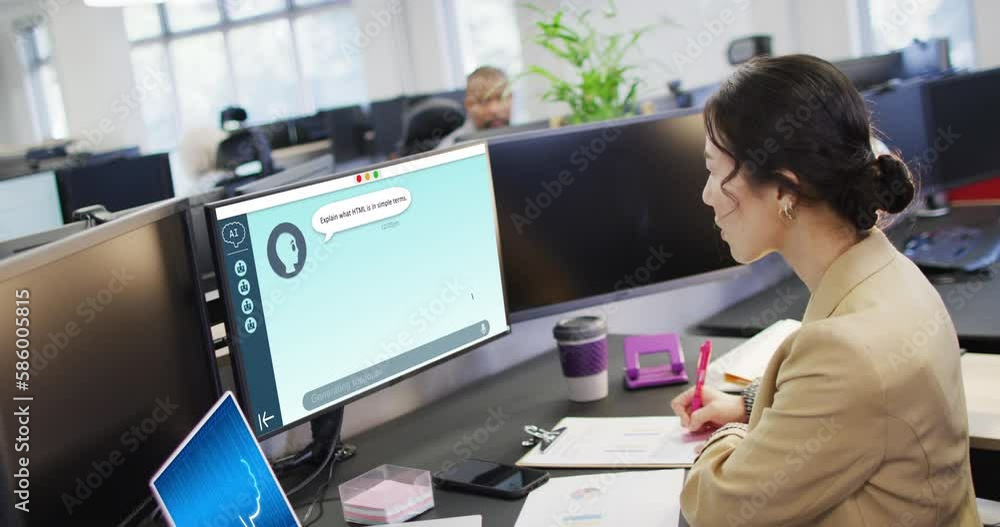 Poster biracial businesswoman using computers with data processing in office