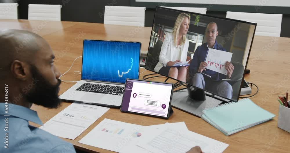 Poster diverse business people on computer video call with data processing on laptop in office