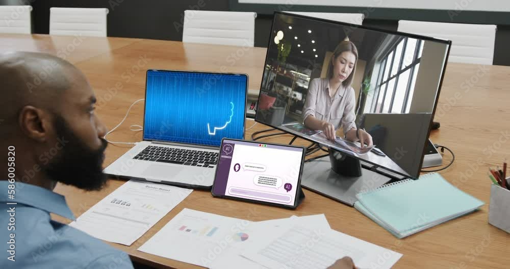 Poster diverse business people on computer video call with data processing on laptop in office