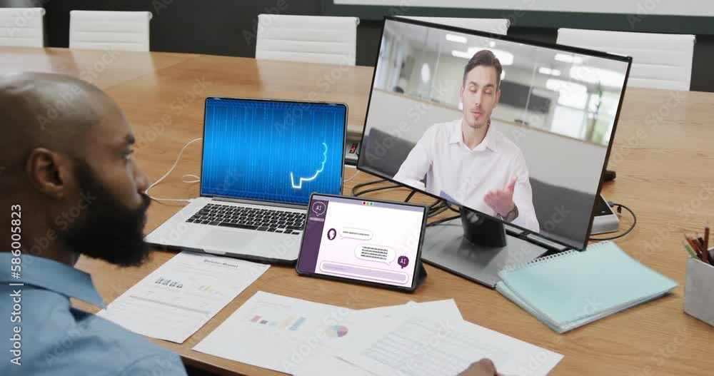 Aufkleber diverse business people on computer video call with data processing on laptop in office