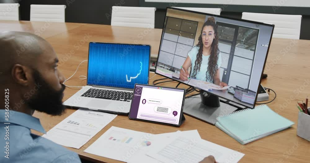 Aufkleber diverse business people on computer video call with data processing on laptop in office
