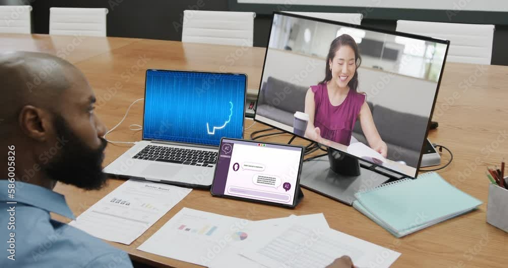 Poster diverse business people on computer video call with data processing on laptop in office
