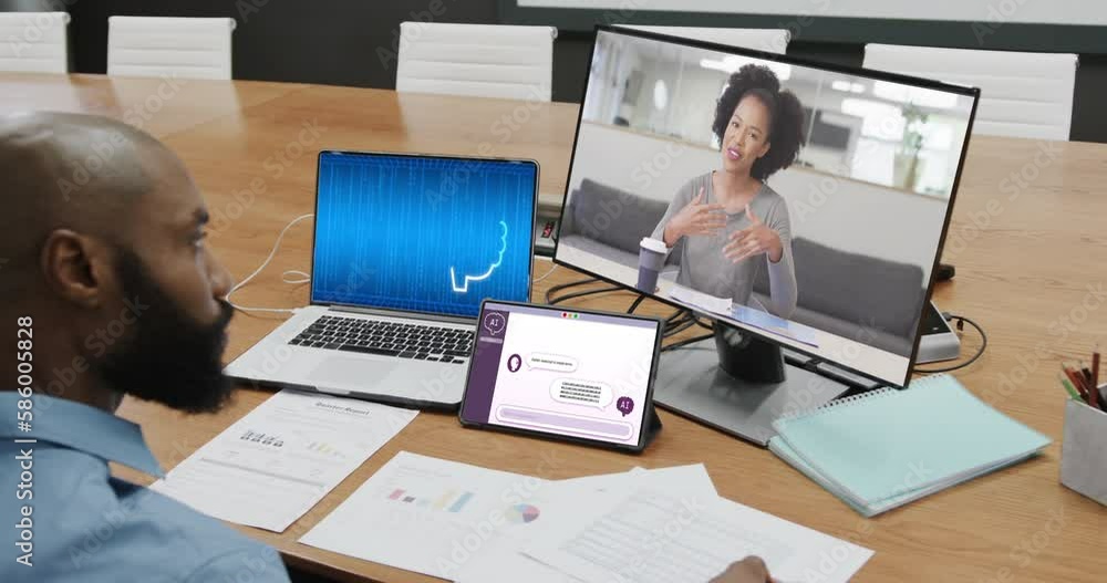 Poster diverse business people on computer video call with data processing on laptop in office