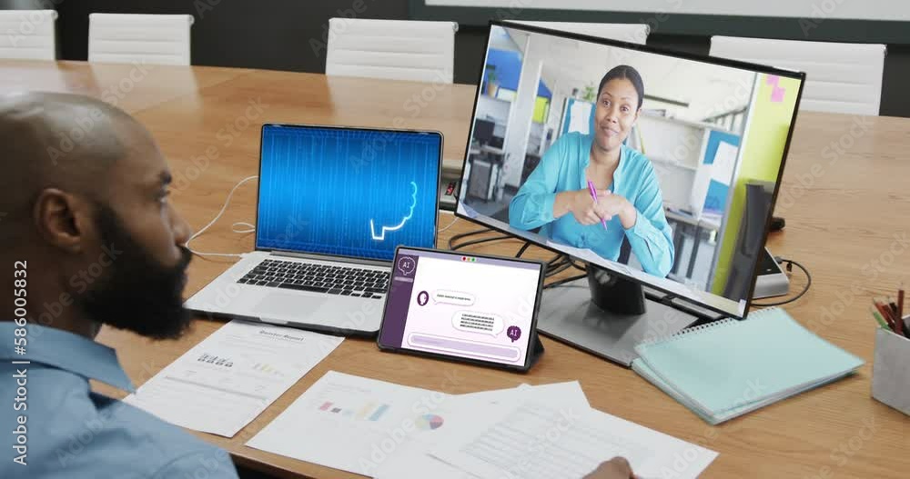 Aufkleber diverse business people on computer video call with data processing on laptop in office