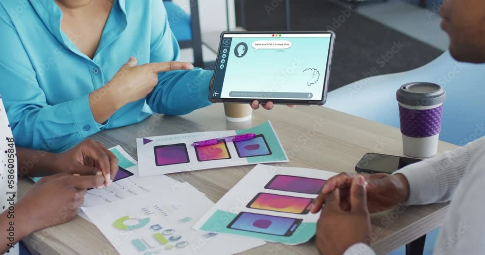 Poster diverse business people in office using tablet with data processing on screen