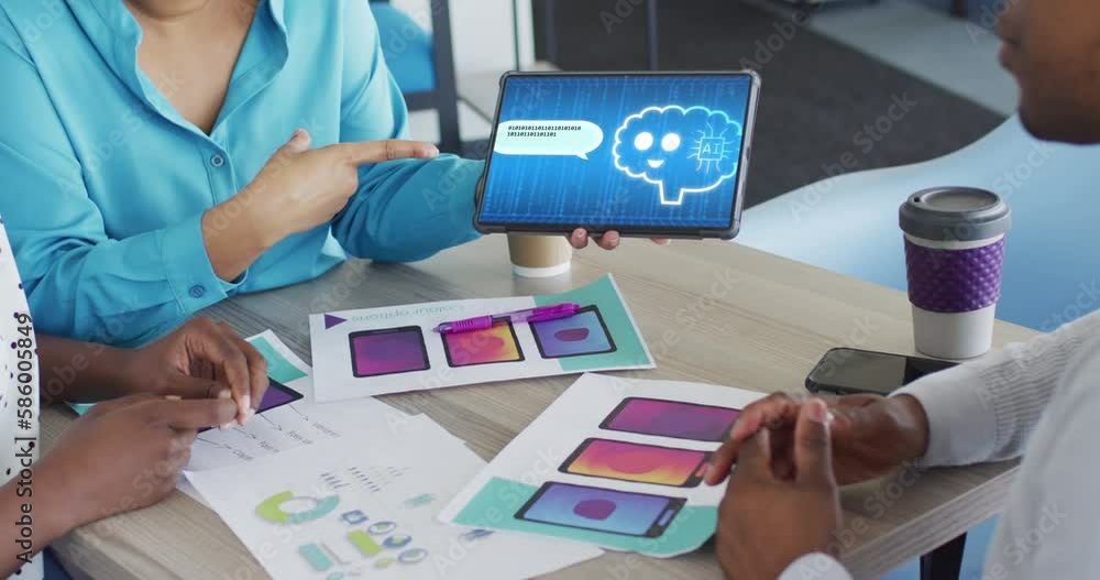 Poster diverse business people in office using tablet with data processing on screen