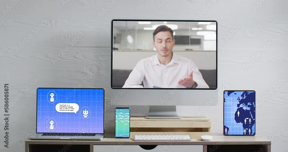 Poster Caucasian businessman on video call and electronic devices with data processing on screens