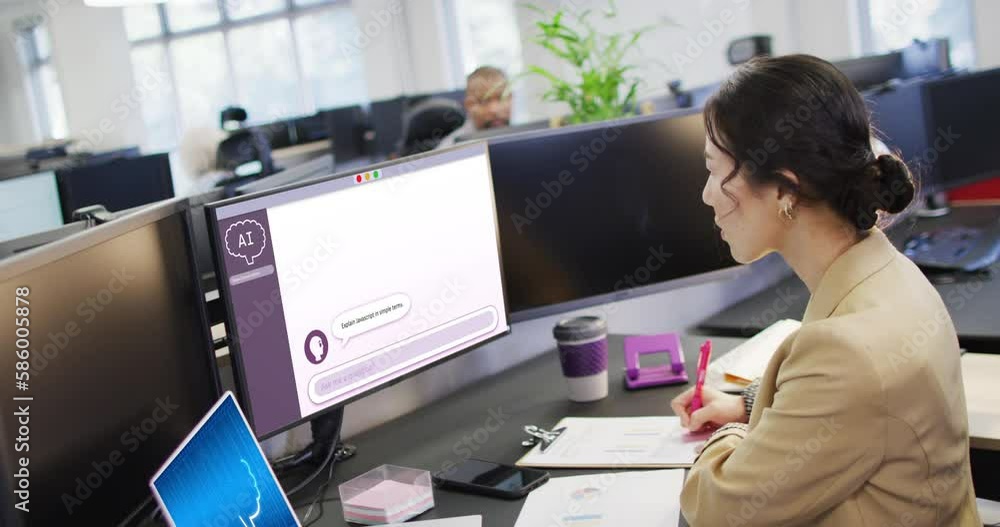 Poster Asian businesswoman in office using computer with data processing on screen