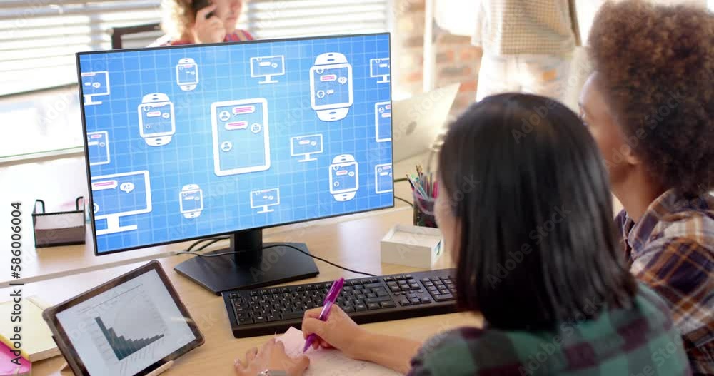 Poster diverse business people talking and using computer with digital chat on screen in office