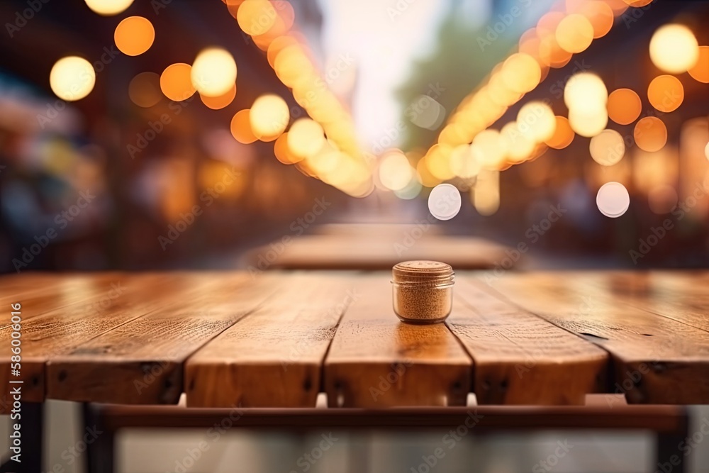 Poster wooden table with warm lights in the background created with generative ai technology