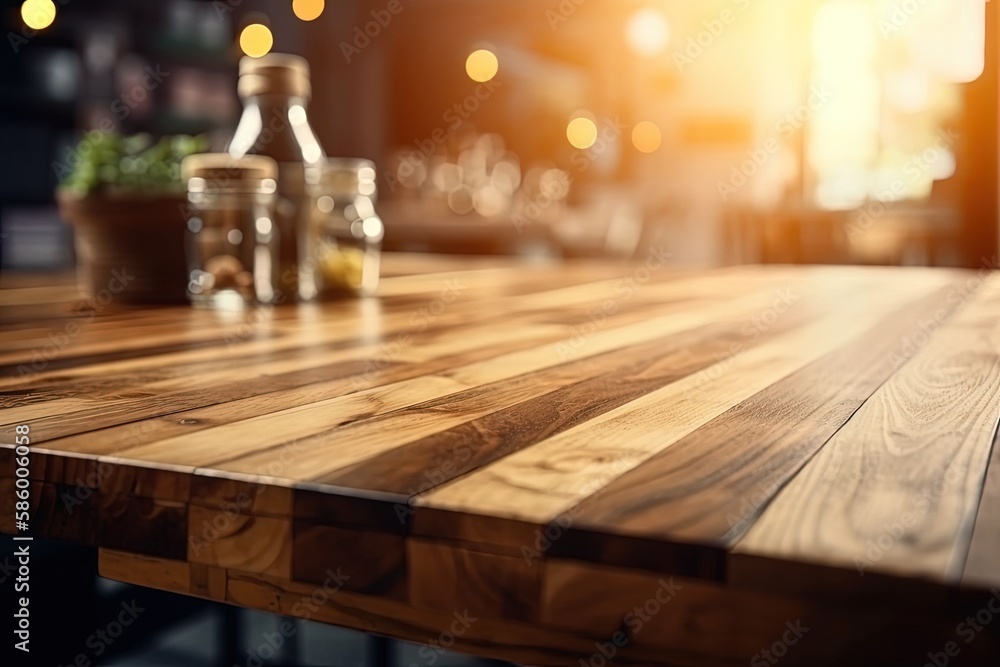 Poster rustic wooden table adorned with various bottles and jars created with generative ai technology