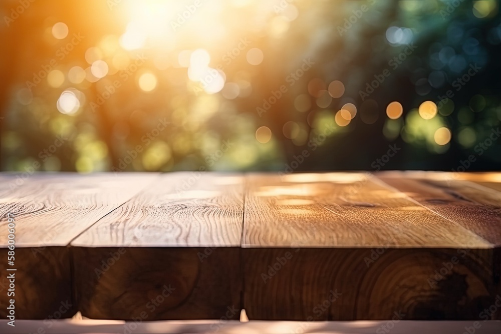 Poster wooden table top with a blurred background created with generative ai technology