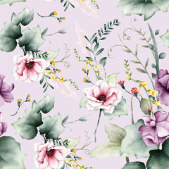 seamless floral pattern with pink and purple flowers