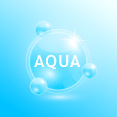 Aqua moisturizer solution. Collagen serum and hyaluronic acid skincare. Substance for beauty cosmetic with chemical formula from nature. Medical scientific concept. 3D Realistic Vector.