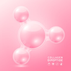 Pink collagen dipeptide solution. Substance for beauty cosmetic with chemical formula from nature. Vitamins serum and hyaluronic acid skincare. Medical scientific concept. 3D Realistic Vector.