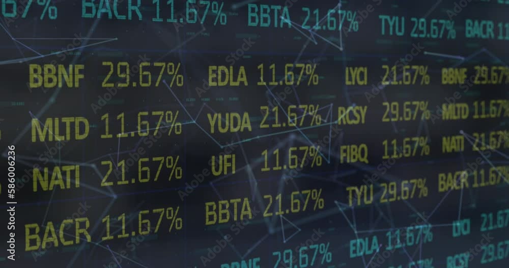 Poster animation of financial data processing with network of connections over black background