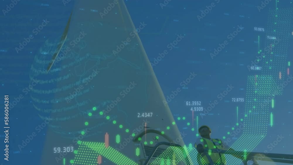 Poster animation of globe and financial data processing over wind turbine and biracial worker