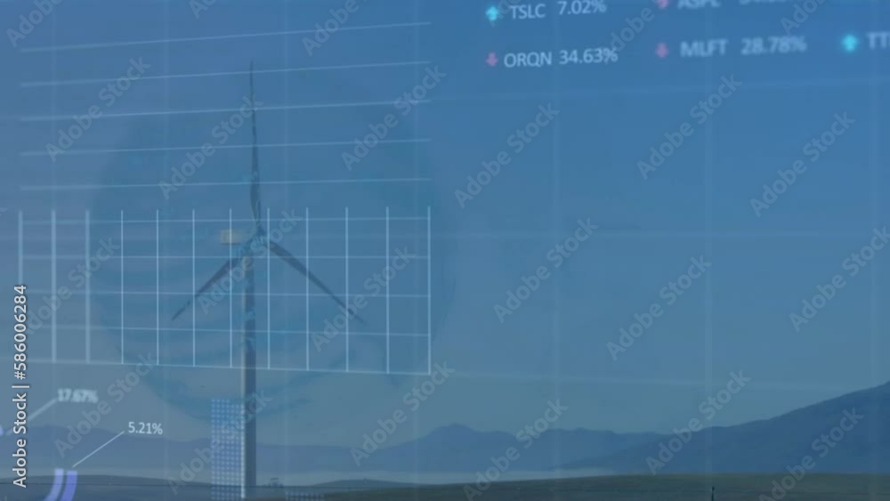 Poster animation of globe and financial data processing over wind turbine
