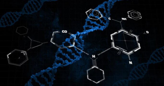 Animation of chemical formula over dna strands on black background