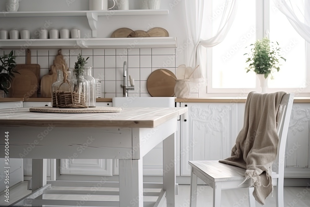 Sticker modern white kitchen with a dining table and chairs created with Generative AI technology