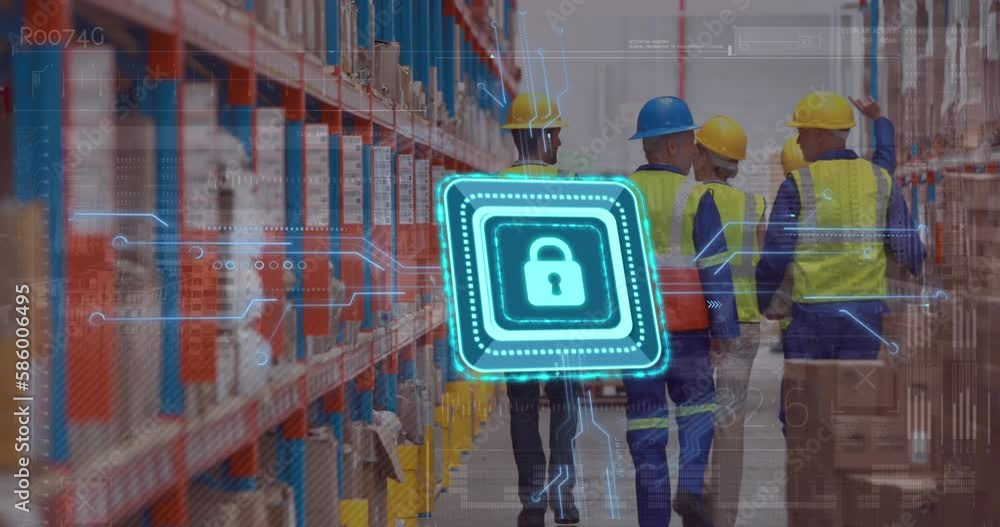 Poster animation of padlock and data processing over diverse workers walking in warehouse