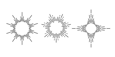 Fototapeta premium Retro sunburst frames set. Vintage sunlight rays collection. Stylized sunshine, radial rays, sunbeams, firework, explosion symbols pack. Vector line design elements 