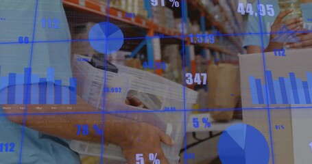 Animation of financial data processing over diverse volunteers helping in warehouse - Powered by Adobe