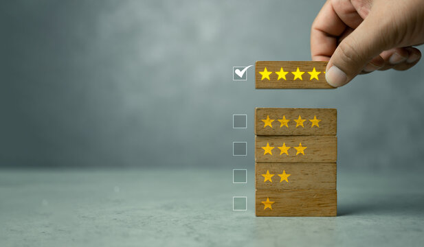 Feedback rating and positive customer review experience. Customer are choosing wood block with five star icon to give satisfaction in service. Rating very impressed. Customer ratings.