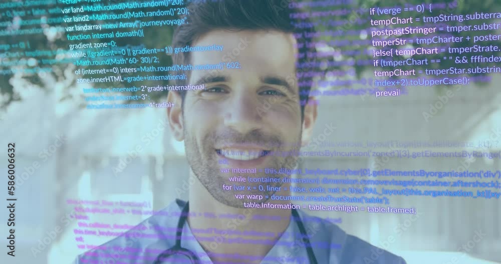 Poster animation of computer language over smiling caucasian doctor with stethoscope around neck