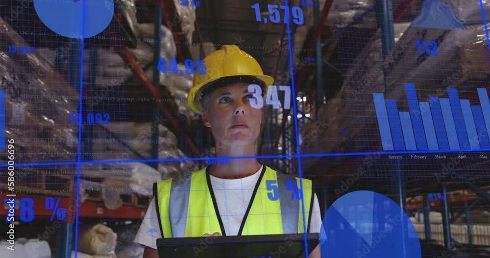 Poster animation of data processing over caucasian female worker using digital tablet at warehouse