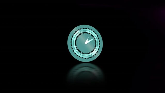 Animation of neon ticking clock icon and purple light trails against black background