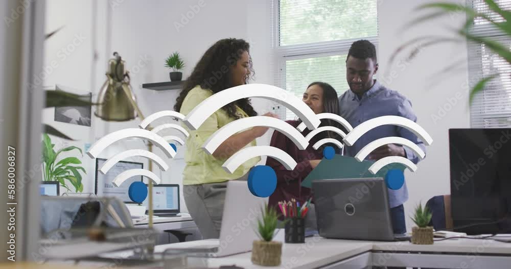 Poster animation of multiple wi-fi icons floating over diverse colleagues high fiving each other at office
