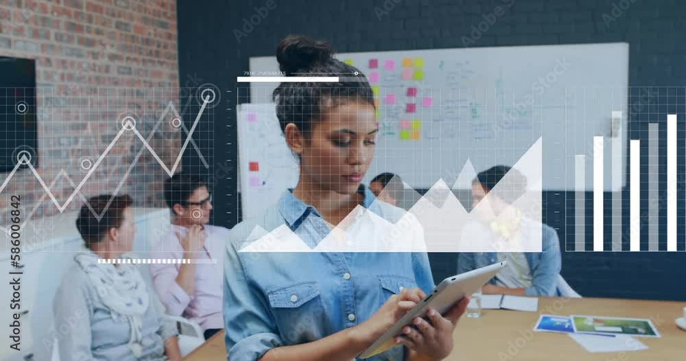 Poster animation of statistical data processing over biracial woman using digital tablet smiling at office
