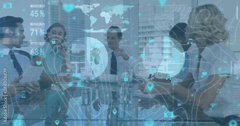 Poster animation of statistical data processing over diverse businesspeople discussing together at office