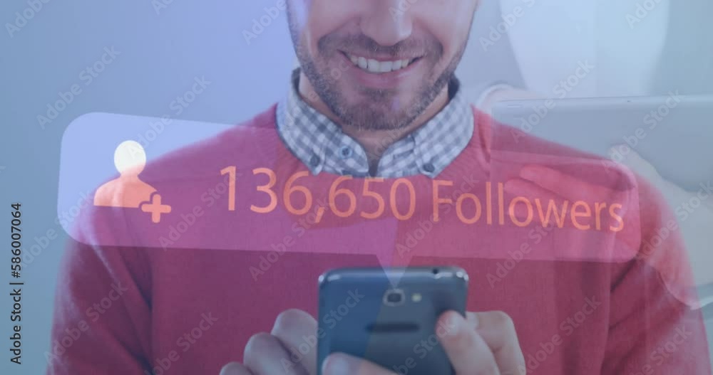 Aufkleber animation of increasing followers against mid section of caucasian smiling while using smartphone