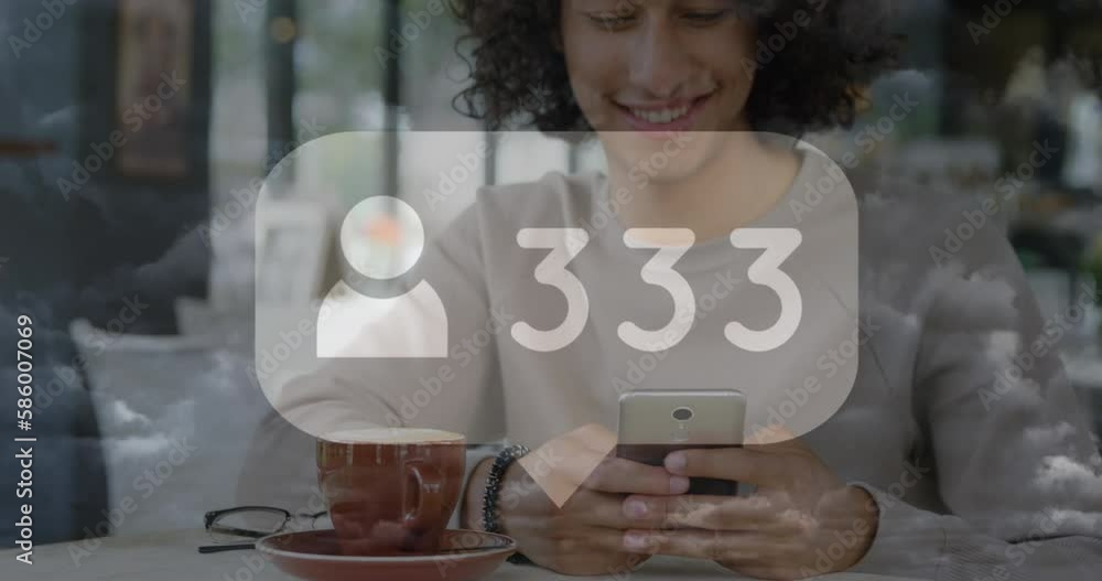 Poster animation of profile icon with increasing number over biracial man using smartphone at a cafe