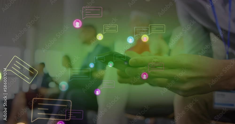 Aufkleber animation of neon profile and message icons over mid section of a man using smartphone at office