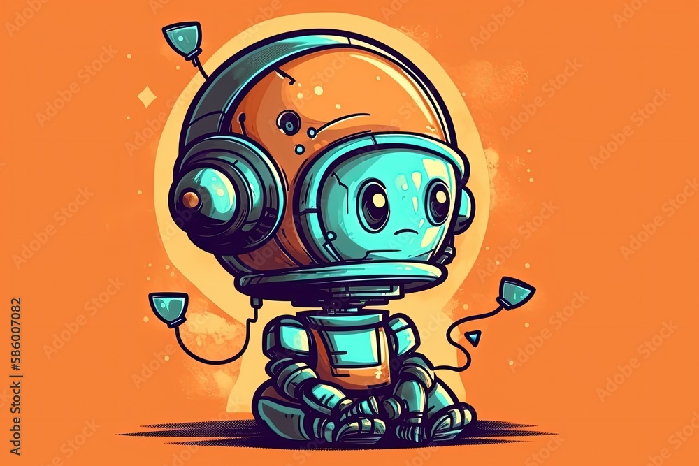 Poster robot enjoying music with headphones against a vibrant orange backdrop created with generative ai te