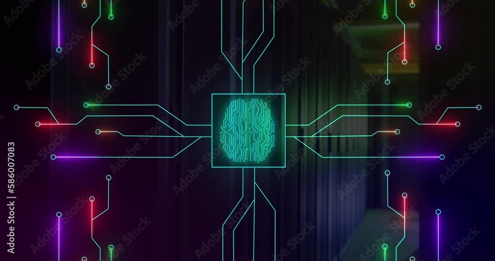 Poster animation of illuminated circuit board pattern around brain in square over server room