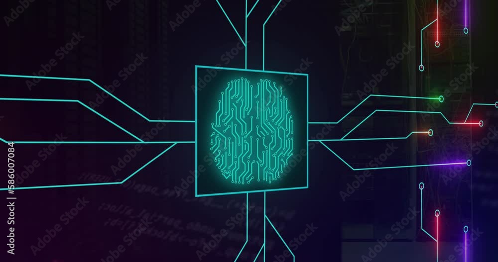 Poster animation of circuit board pattern around brain over computer language against server room